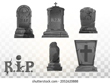 Monument on the grave. Gravestone in the cemetery. Gray monument on the grave of RIP. Vector cartoon illustration. Halloween elements set.