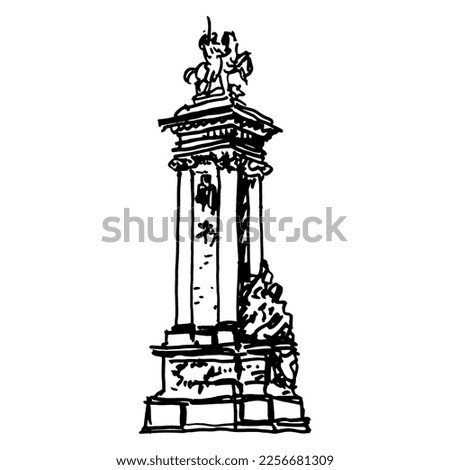Monument on the Pont Alexandre III bridge on Seine river in Paris, France. Statues of Fames. Hand drawn linear doodle rough sketch. Black silhouette on white background.