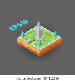 Monument and park Isometric vector illustration