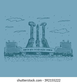 The Monument to Party Founding in Pyongyang, North Korea. The hammer, sickle and calligraphy brush symbolize the workers, farmers and intellectuals. Sketch by hand. Vector illustration.