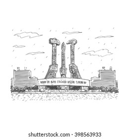 The Monument to Party Founding in Pyongyang, North Korea. The hammer, sickle and calligraphy brush symbolize the workers, farmers and intellectuals. Sketch by hand. Vector illustration.