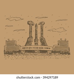 The Monument to Party Foundingis in Pyongyang, North Korea. The hammer, sickle and calligraphy brush symbolize the workers, farmers and intellectuals. Sketch by hand. Vector illustration.