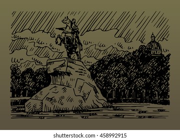 Monument to Peter the Great (Bronze Horseman). Senate Square in Saint Petersburg, Russia. Sketch by hand. Vector illustration. 