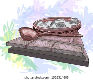 Monument Poltava dumplings Ukrainian traditional national dish. Poltava, Ukraine. sketch, watercolor