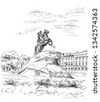 Monument of Russian emperor Peter the Great on Senate square, St. Petersburg, Russia. View on bronze horseman and Senate. Isolated vector hand drawing illustration in black color on white background.