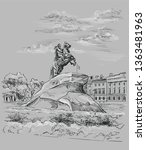 Monument of Russian emperor Peter the Great, St Petersburg, Russia. View on bronze horseman monument and  Senate. Vector hand drawing illustration in black and white colors on grey background.
