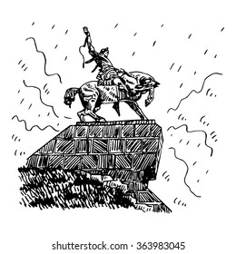 The Monument to Salavat Yulaev in Ufa, Bashkortostan, Russia. Vector freehand pencil sketch.