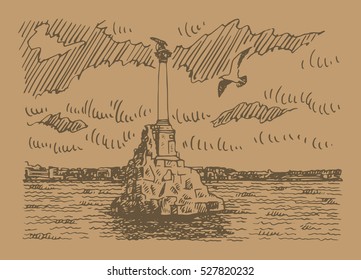 The Monument to the ships scuttled in Sevastopol, Crimea, Russia. Sketch by hand. Vector illustration.