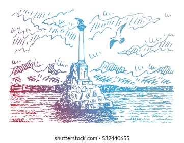 The Monument to the ships scuttled in Sevastopol, Crimea, Russia. Sketch by hand. Vector illustration.