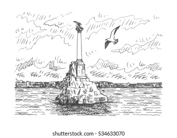 The Monument to the ships scuttled in Sevastopol, Crimea, Russia. Sketch by hand. Vector illustration.