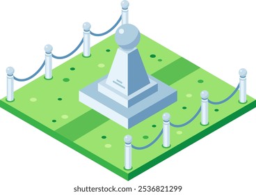 Monument with sphere on top standing in green park surrounded by rope fence, isometric view