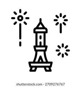 Monument Tower mit Feuerwerk Feier Vektorgrafik, Linie Stil Symbol