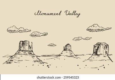 Monument Valley Arizona With Clouds, Hand Drawn Vector Illustration, Sketch, Engraved Style