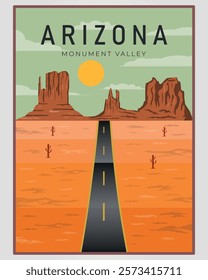 Monument Valley Arizona desert road scenic vista sun poster illustration design