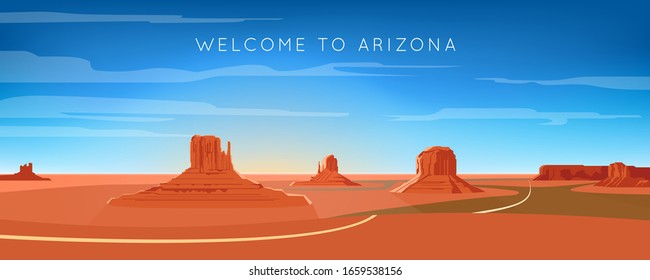 Monument Valley, Arizona Landscape. Wide Panorama. Road, Mountains, And Rocks. Vector Illustration