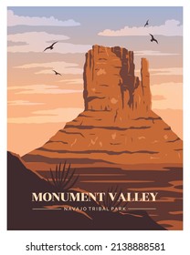 Monument Valley national park Vector Illustration Background. Travel to Monument Valley, Red Sand Arizona Utah United States of America. Flat Cartoon Vector Illustration.