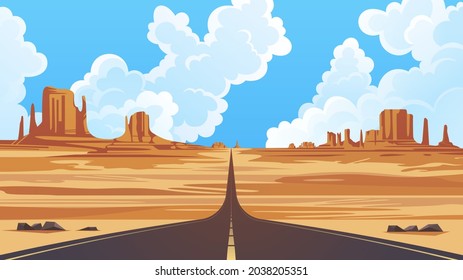 Monument Valley Navajo Tribal Park, vector illustration. Desert landscape with road going far away into the horizon.