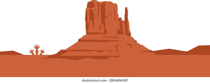 Monument Valley rock formation under clear sky with distant desert vegetation in view
