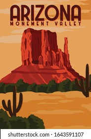 Monument Valley Vector Illustration Background. Travel To Monument Valley, Red Sand Arizona Utah United States Of America. Flat Cartoon Vector Illustration In Colored Style.