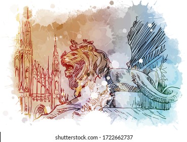 Monument for Victor Emmanuel with lions on a Cathedral Square in Milan, Italy. Vintage design. Linear sketch on a watercolor textured background. EPS10 vector illustration