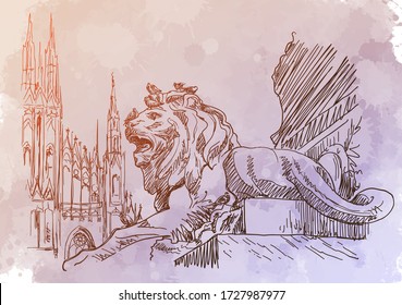 Monument for Victor Emmanuel with lions on a Cathedral Square in Milan, Italy. Vintage design in soft pastel colors. Linear sketch on a watercolor textured background. EPS10 vector illustration