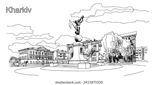 Monument view with Landmark of Kharkiv is a  city  in Ukraine. Hand drawn sketch illustration in vector.