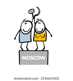 Monument to worker and collective farmer,  symbol from Moscow. Vector illustration of the sights in  capital of Russia. Funny characters stand and hold a hammer and sickle. Sign of Soviet Union.