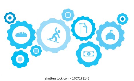Monumental building gear blue icon set