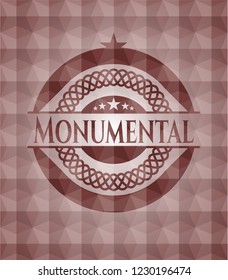 Monumental red seamless badge with geometric pattern background.