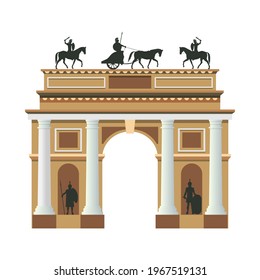 Estructura monumental Arco triunfal con columnas blancas y estatuas. Imagen de color. Ilustración del vector aislada en fondo blanco
