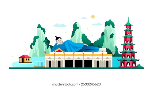 Monuments and architecture of Hanoi - modern colored vector illustration with Som Rong and Thien Mu Pagoda, reclining buddha statue. Mountains, river and tropical nature. Holidays in Asia idea