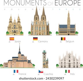 Monuments of Europe in cartoon style Volume 3: Santiago de Compostela Cathedral, Cologne Cathedral, Brussels Town Hall, Saint Michel, Astronomical Clock Tower and Duomo Milan. Vector illustration