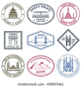 Monuments and famous world landmarks stamps set isolated vector illustration