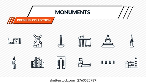 monuments icons set - id kah mosque, kinderdijk windmills, national monument monas, milan cathedral, bran castle outline vector collection.