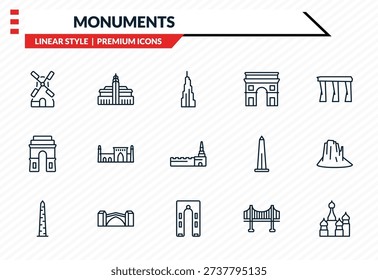 monuments icons set - kinderdijk windmills, hassan mosque, medieval, ejer baunehoj, russia outline vector collection.
