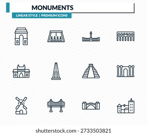 monuments icons set - medieval, abu simbel, retiro park, barcelona, bran castle outline vector collection.