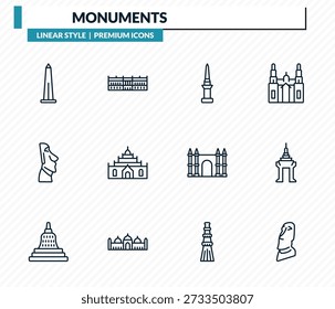 monuments icons set - obelisk of bue aires, palace of versailles, philippines, cambodia, moia statues outline vector collection.