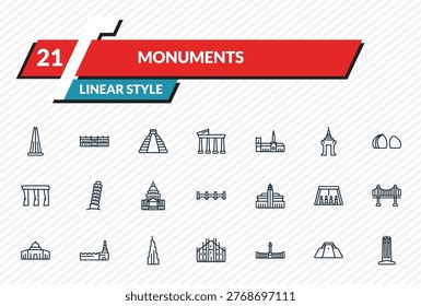 monuments icons set - the, palace of versailles, maya pyramid, pyramid of the magician, circle outline vector collection.