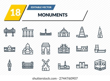 monuments icons set - vincent thomas bridge, temple of apollo, retiro park, medieval walls in avila, kaaba building outline vector collection.