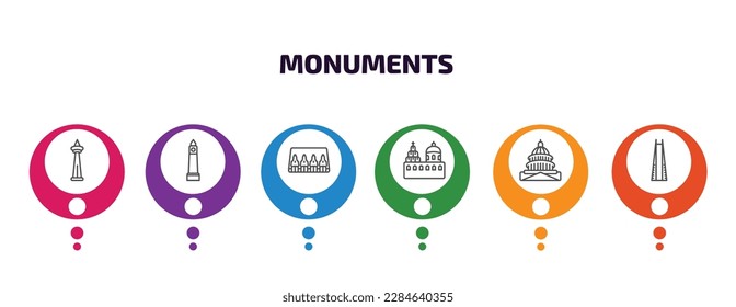 monuments infographic template with icons and 6 step or option. monuments icons such as  , clock tower, abu simbel, blue domed churches, united states capitol, the vector. can be used for banner,