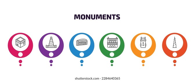 monuments infographic template with icons and 6 step or option. monuments icons such as kaaba building, great mosque of samarra, pula arena, lonja of zaragoza, belem tower,   vector. can be used for