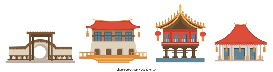 Monuments and landmarks of asian countries and culture. Architecture heritage and exterior of oriental cities. Japanese or chinese traditional buildings and temples of towns. Vector in flat style