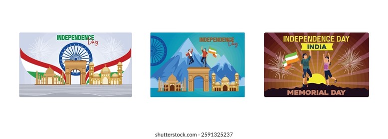 Monuments and Landmarks in India.People celebrate India's Independence Day. Celebrate Independence Day with a lively party. Independence Day India concept. Set flat vector illustration.
