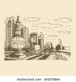 Monuments on the street in Abu Dhabi, United Arab Emirates. Vector hand drawn sketch