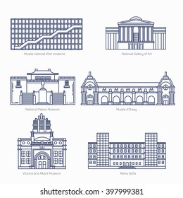 Monuments thin line vector icons. National Gallery of Art, National Palace Museum, Orsay, Victoria and Albert Museum, Sofia. Famous world museums.