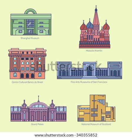 Monuments thin line vector icons. Shanghai museum, Moscow Kremlin, Bank of Brazil Cultural Center, Fine Arts Museums of San Francisco, Grand Palais, National museum of Scotland.