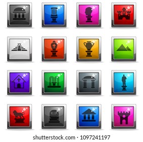 monuments web icons in square colored buttons for user interface design