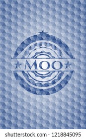 Moo blue emblem with geometric pattern.