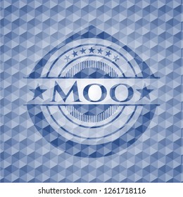 Moo blue hexagon badge.