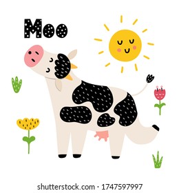 Moo card with a funny cow. Cute print for kids with farm animal. Nature background. Vector illustration